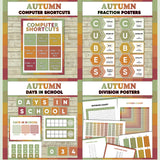 Warm fall-toned printable computer shortcut posters, CUBES maths strategy display, days in school counter and division table charts