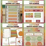 Warm fall-toned printable drawer cart labels, flip calendar, fraction posters and growth mindset bulletin board display