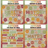 Warm fall-toned printable subject posters for health, history and maths with it's okay to classroom bulletin board