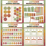 Warm fall-toned printable morning greeting door choices, multiplication chart and posters, classroom number line and number posters 0 to 30