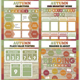 Warm fall-toned printable objectives bulletin board, our brightest work display, place value posters and reading is about subject poster