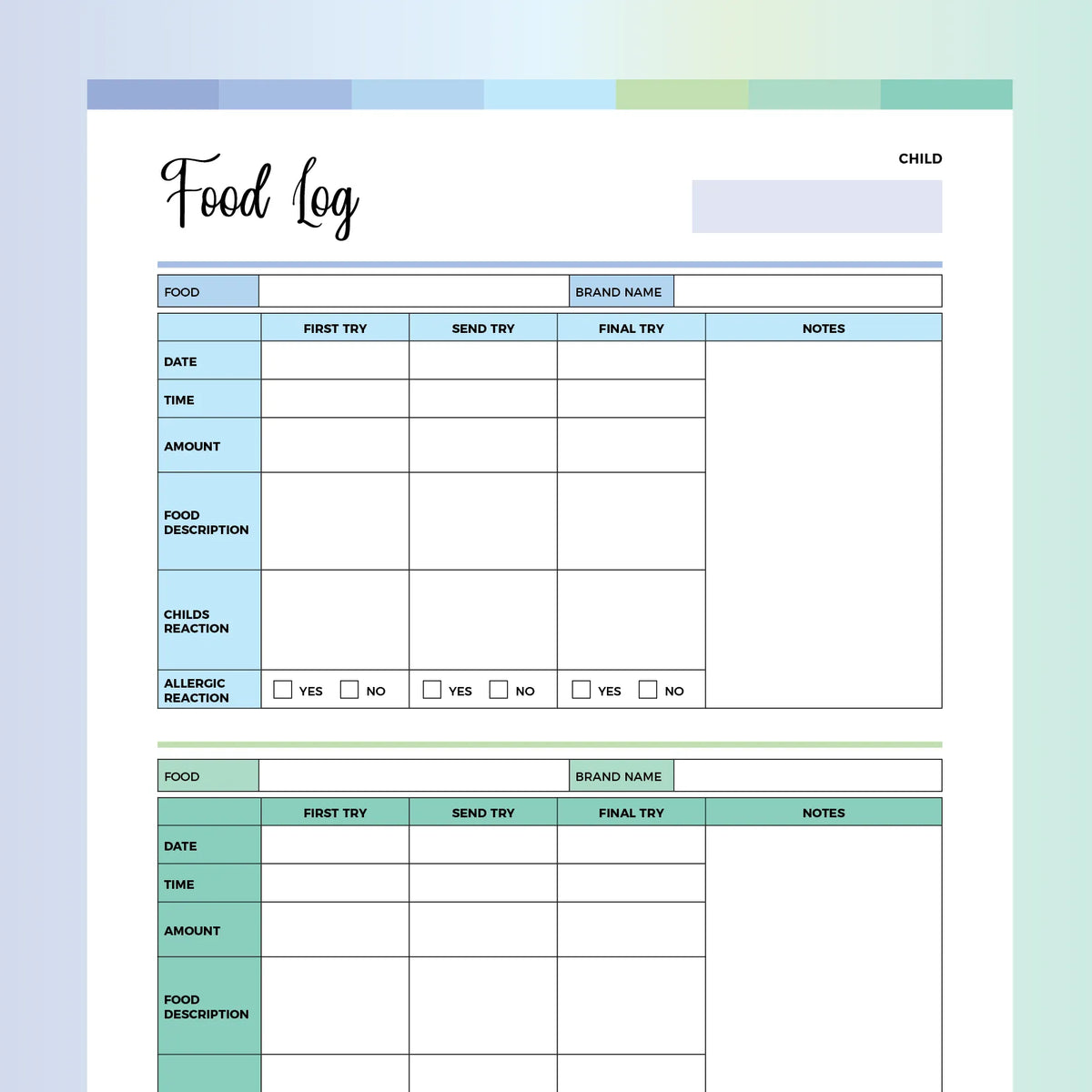 Baby Food Log Template | A4 & US Letter Sizes | Instant Download ...