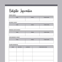 Baby Sitter Information Page - Grey