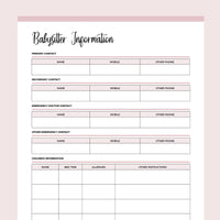 Baby Sitter Information Page - Pink