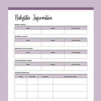Baby Sitter Information Page - Purple