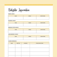 Baby Sitter Information Page - Yellow