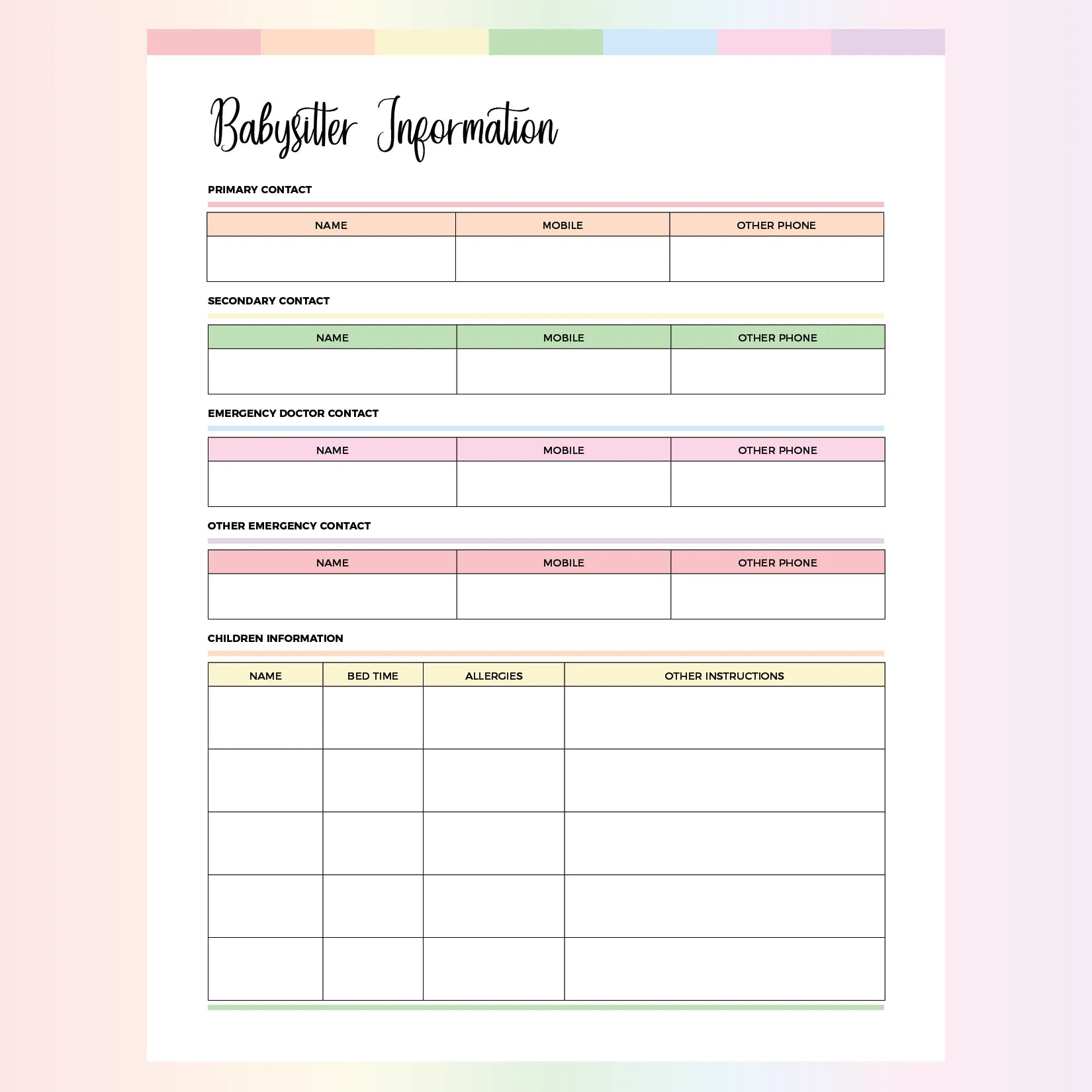 Babysitter Information Sheet Template | A4 & US Letter Sizes | Instant Download Printable – Plan Print Land for Free Printable Babysitter Information Babysitter Info Sheet