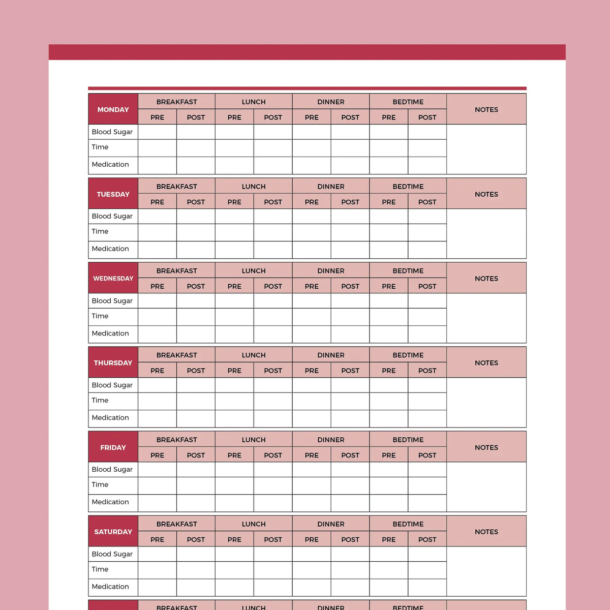 Blood Glucose Chart PDF | A4 & US Letter Sizes | Instant Download