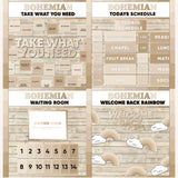 Neutral boho printable take what you need board, daily schedule cards, waiting room display and welcome back rainbow bulletin board