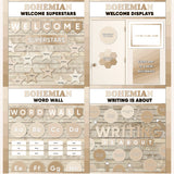 Neutral boho printable welcome superstars board, welcome to our class door display, word wall cards and writing is about subject poster
