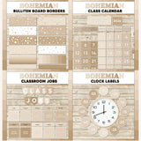 Neutral boho printable bulletin board borders, interactive class calendar, classroom jobs chart and analogue clock labels