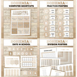 Neutral boho printable computer shortcut posters, CUBES maths strategy display, days in school counter and division table charts