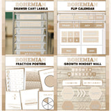 Neutral boho printable drawer cart labels, flip calendar, fraction posters and growth mindset bulletin board display