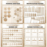 Neutral boho printable morning greeting door choices, multiplication chart and posters, classroom number line and number posters 0 to 30