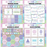 Pink and purple printable reward and incentive board, reward coupons, science is about subject poster and classroom shape posters