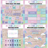 Pink and purple printable take what you need board, daily schedule cards, waiting room display and welcome back rainbow bulletin board