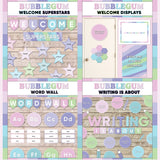 Pink and purple printable welcome superstars board, welcome to our class door display, word wall cards and writing is about subject poster