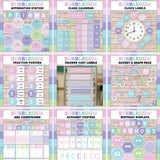 Pink and purple kindergarten bulletin board decor set - printable affirmation station, calendar, clock labels, fractions, drawer labels, accents, alphabet posters and birthday display