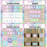 Pink and purple printable alphabet wall posters, make your own classroom banners, class birthday display and book bin labels