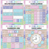 Pink and purple printable bulletin board borders, interactive class calendar, classroom jobs chart and analogue clock labels