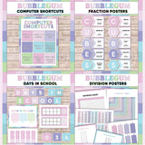 Pink and purple printable computer shortcut posters, CUBES maths strategy display, days in school counter and division table charts