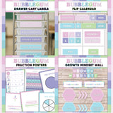 Pink and purple printable drawer cart labels, flip calendar, fraction posters and growth mindset bulletin board display