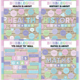 Pink and purple printable subject posters for health, history and maths with it's okay to classroom bulletin board