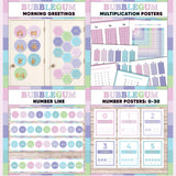 Pink and purple printable morning greeting door choices, multiplication chart and posters, classroom number line and number posters 0 to 30