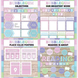 Pink and purple printable objectives bulletin board, our brightest work display, place value posters and reading is about subject poster