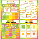 Bright green and yellow printable reward and incentive board, reward coupons, science is about subject poster and classroom shape posters