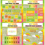 Bright green and yellow printable take what you need board, daily schedule cards, waiting room display and welcome back rainbow bulletin board