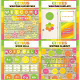 Bright green and yellow printable welcome superstars board, welcome to our class door display, word wall cards and writing is about subject poster