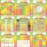 Bright green and yellow elementary classroom decor kit - printable affirmation station, calendar, clock labels, fractions, drawer labels, accents, alphabet posters and birthday display