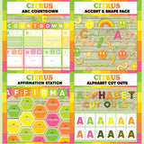 Bright green and yellow printable ABC countdown to summer, décor accent and shape pieces, affirmation station bulletin board and alphabet letter cut outs