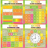 Bright green and yellow printable bulletin board borders, interactive class calendar, classroom jobs chart and analogue clock labels