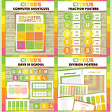 Bright green and yellow printable computer shortcut posters, CUBES maths strategy display, days in school counter and division table charts