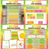 Bright green and yellow printable drawer cart labels, flip calendar, fraction posters and growth mindset bulletin board display