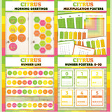 Bright green and yellow printable morning greeting door choices, multiplication chart and posters, classroom number line and number posters 0 to 30