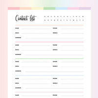 Contact List Printable - Rainbow