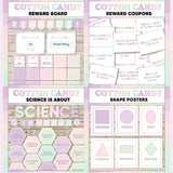 Lilac and pink printable reward and incentive board, reward coupons, science is about subject poster and classroom shape posters