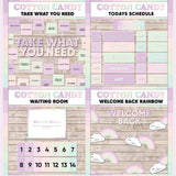 Lilac and pink printable take what you need board, daily schedule cards, waiting room display and welcome back rainbow bulletin board