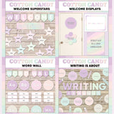 Lilac and pink printable welcome superstars board, welcome to our class door display, word wall cards and writing is about subject poster