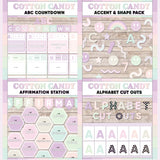 Lilac and pink printable ABC countdown to summer, décor accent and shape pieces, affirmation station bulletin board and alphabet letter cut outs