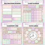 Lilac and pink printable bulletin board borders, interactive class calendar, classroom jobs chart and analogue clock labels