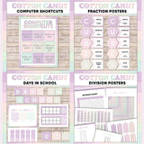 Lilac and pink printable computer shortcut posters, CUBES maths strategy display, days in school counter and division table charts