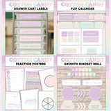 Lilac and pink printable drawer cart labels, flip calendar, fraction posters and growth mindset bulletin board display