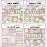Lilac and pink printable subject posters for health, history and maths with it's okay to classroom bulletin board