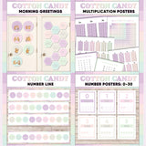 Lilac and pink printable morning greeting door choices, multiplication chart and posters, classroom number line and number posters 0 to 30
