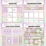 Lilac and pink printable objectives bulletin board, our brightest work display, place value posters and reading is about subject poster