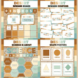 Terracotta and sage printable reward and incentive board, reward coupons, science is about subject poster and classroom shape posters